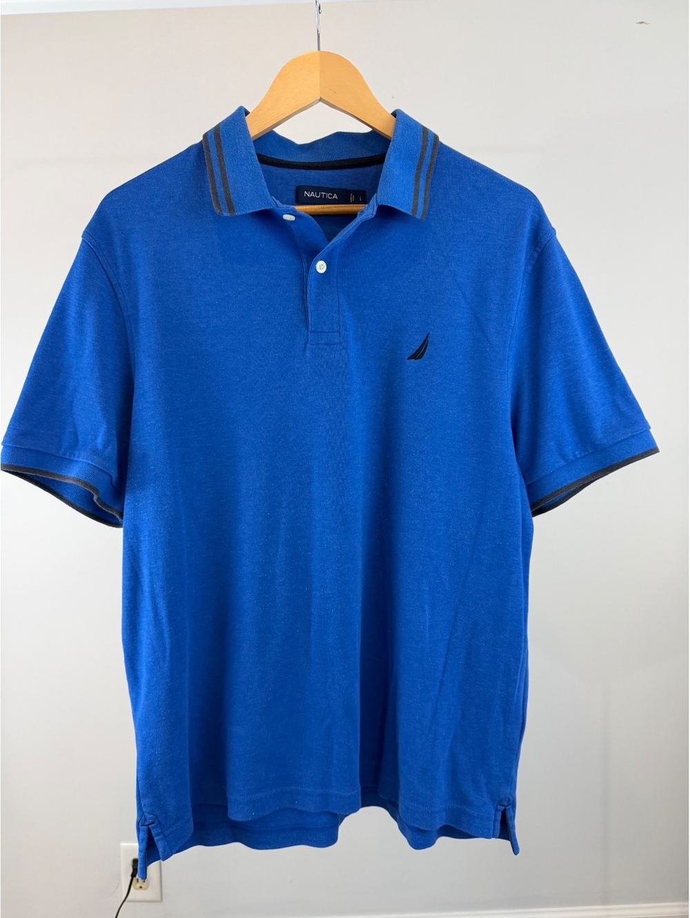 Nautica Men’s Large Blue Polo Shirt Short Sleeve Logo Navy Trim Casual